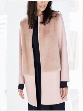 Zara Pink Faux Fur Panel Coat Blogger Favorite Wool Blend XL